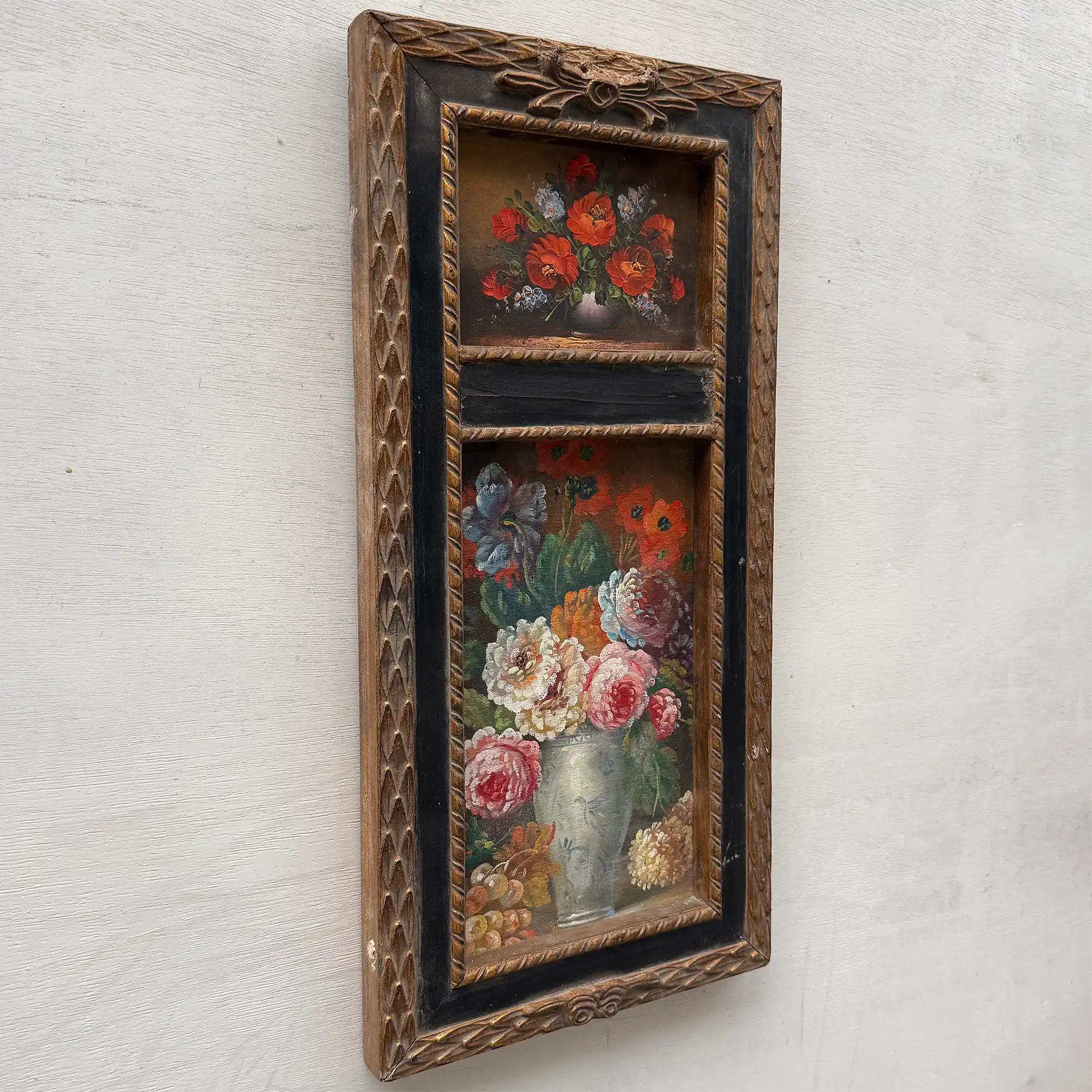 Original Floral Still Life Hand-Painted Canvas Art, Moody Cottagecore Framed Painting with Ribbon Crest (with Frame 27 × 55 cm ) - Vintage Oil Painting - Arden Gallery