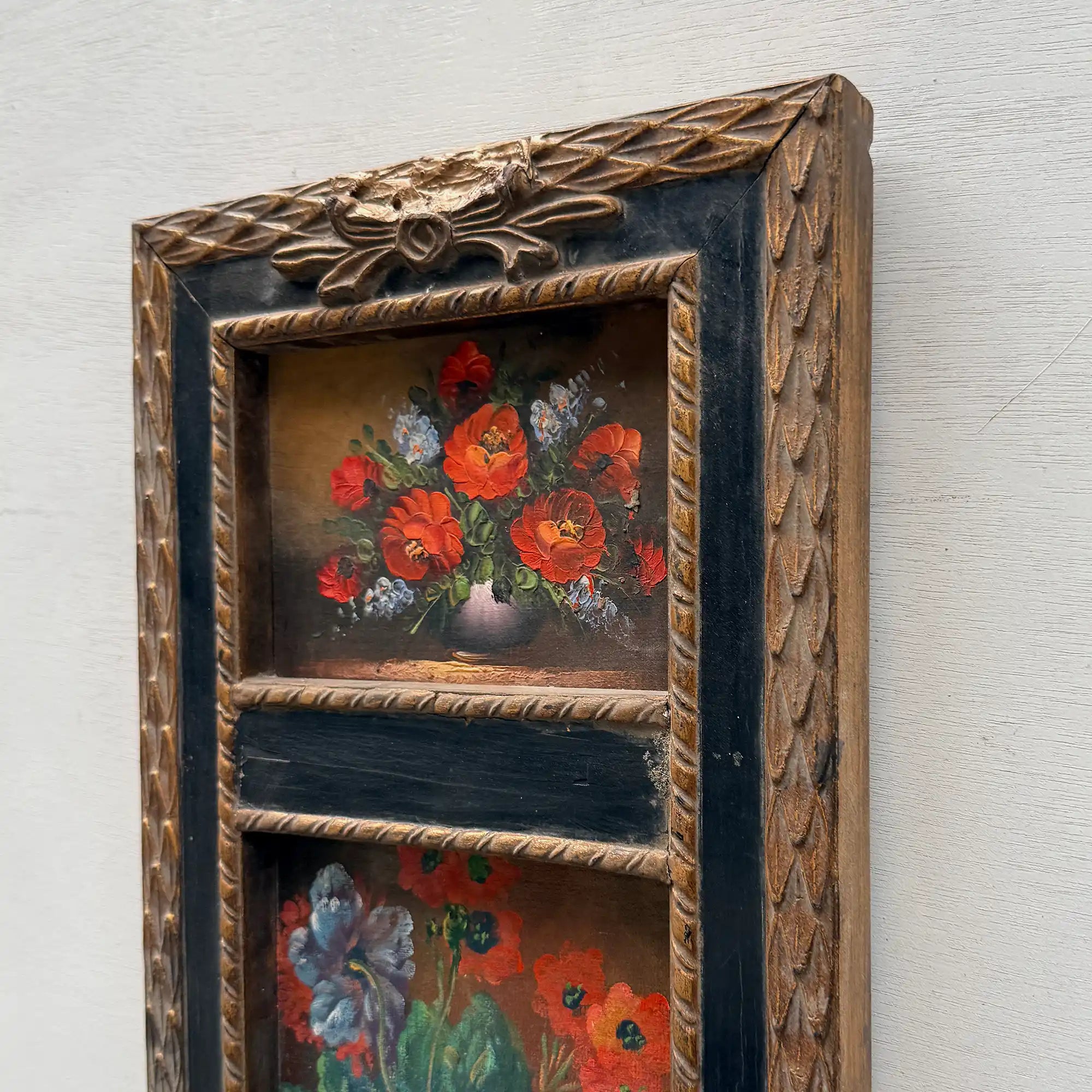 Original Floral Still Life Hand-Painted Canvas Art, Moody Cottagecore Framed Painting with Ribbon Crest (with Frame 27 × 55 cm ) - Vintage Oil Painting - Arden Gallery