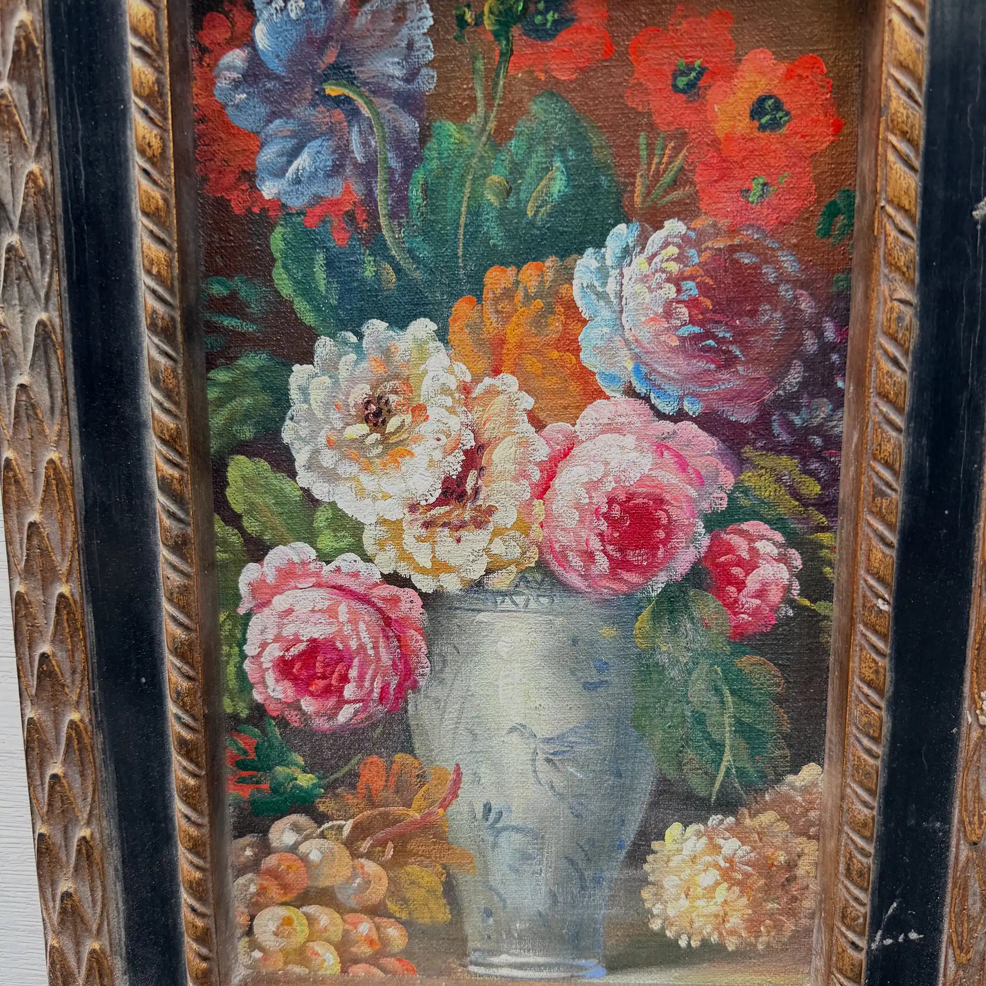 Original Floral Still Life Hand-Painted Canvas Art, Moody Cottagecore Framed Painting with Ribbon Crest (with Frame 27 × 55 cm ) - Vintage Oil Painting - Arden Gallery