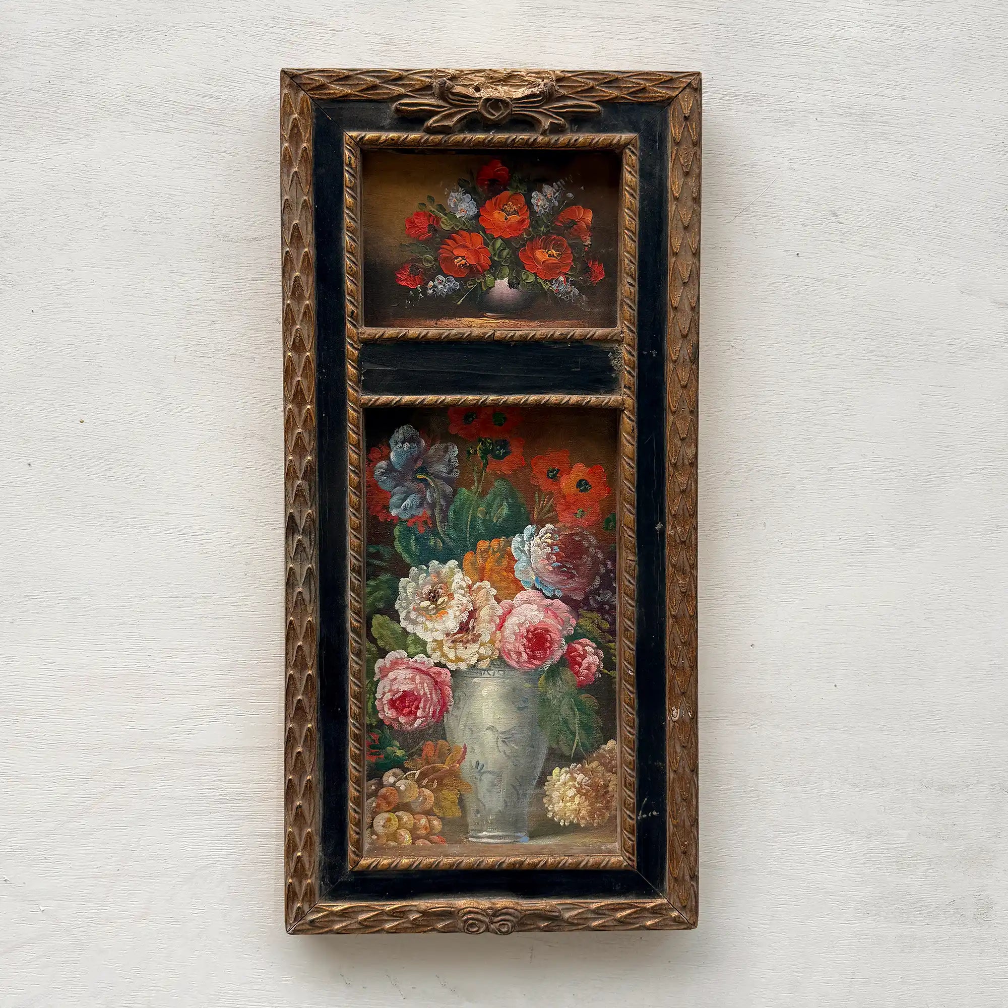 Original Floral Still Life Hand-Painted Canvas Art, Moody Cottagecore Framed Painting with Ribbon Crest (with Frame 27 × 55 cm ) - Vintage Oil Painting - Arden Gallery