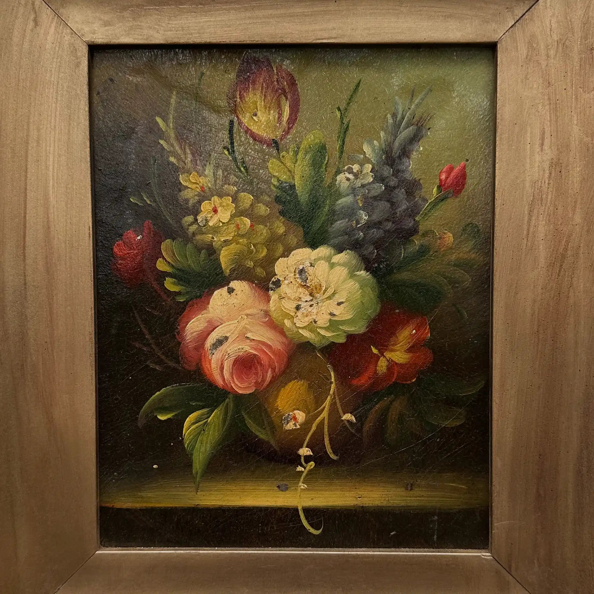 Original Framed Classical Floral Still Life Oil Painting, Vintage Flower Bouquet Art  (with Frame 37 x 42 cm ) - Vintage Oil Painting - Arden Gallery