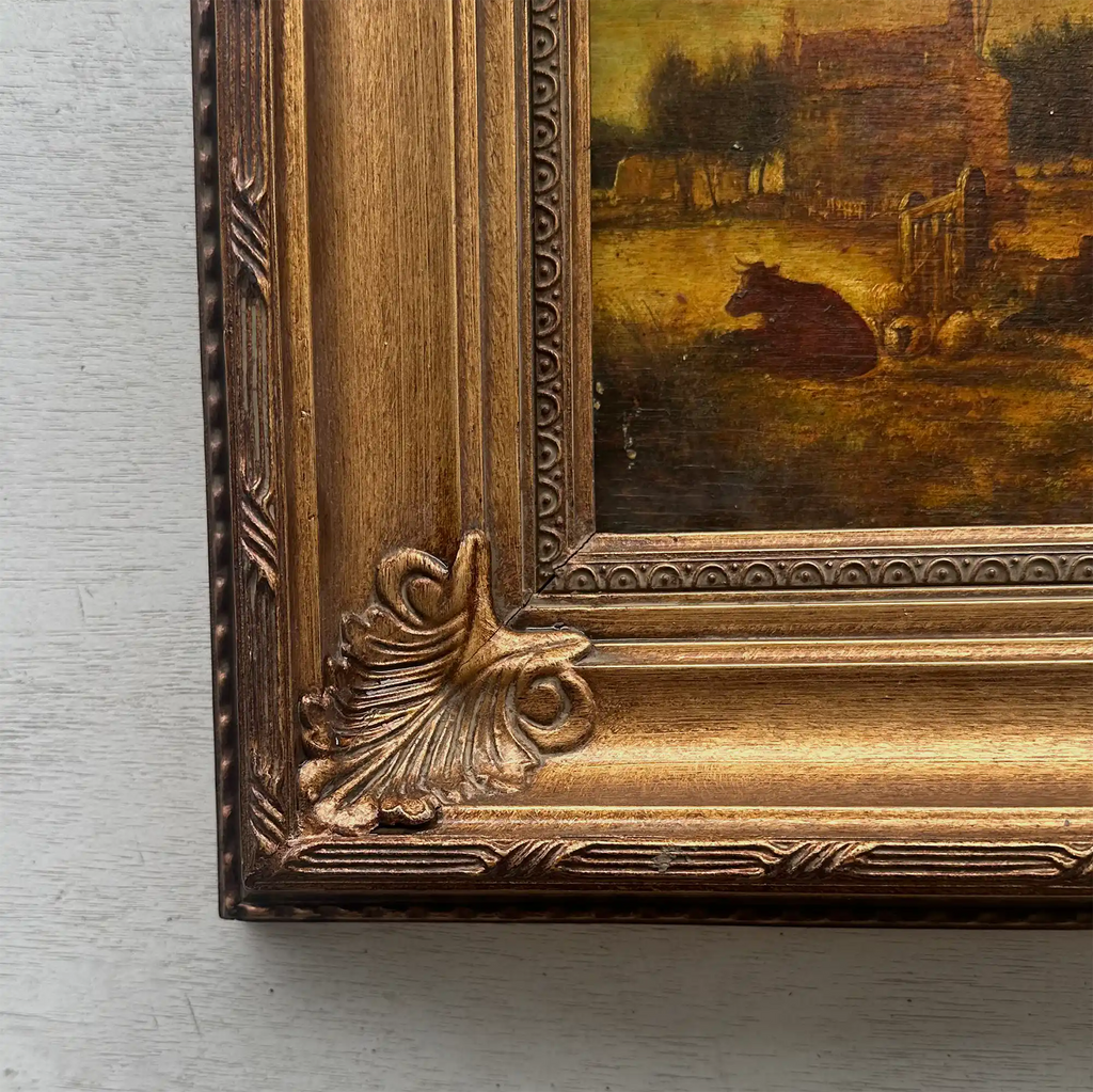 Original Framed Vintage Countryside Landscape Oil Painting, European Farmhouse and Horse Scene - Vintage Oil Painting - Arden Gallery