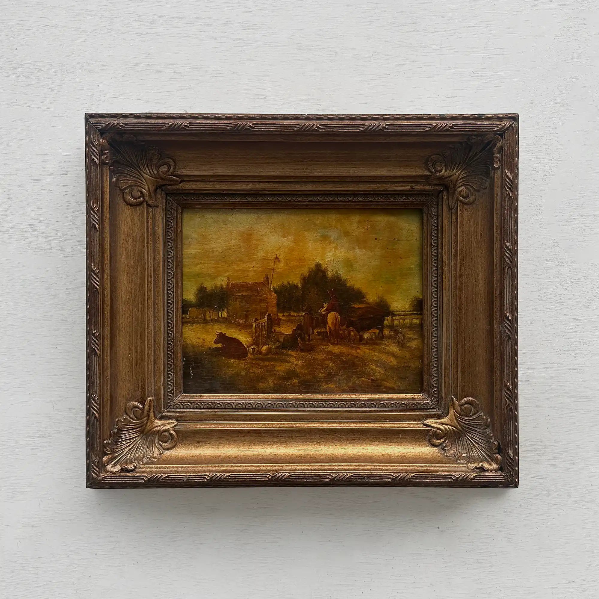 Original Framed Vintage Countryside Landscape Oil Painting, European Farmhouse and Horse Scene - Vintage Oil Painting - Arden Gallery