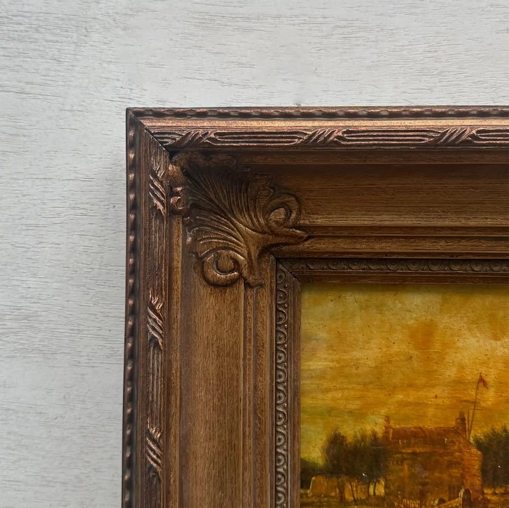 Original Framed Vintage Countryside Landscape Oil Painting, European Farmhouse and Horse Scene - Vintage Oil Painting - Arden Gallery