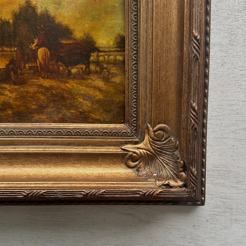 Original Framed Vintage Countryside Landscape Oil Painting, European Farmhouse and Horse Scene - Vintage Oil Painting - Arden Gallery