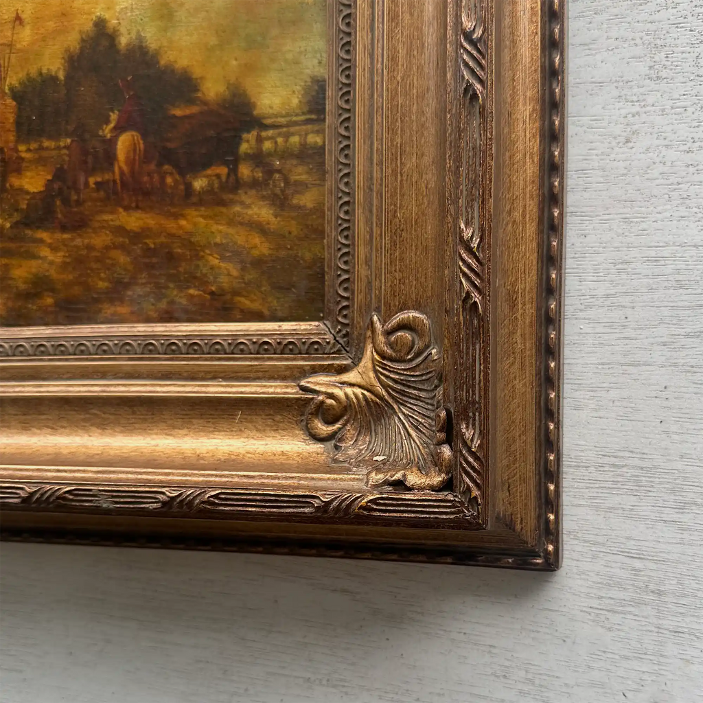 Original Framed Vintage Countryside Landscape Oil Painting, European Farmhouse and Horse Scene - Vintage Oil Painting - Arden Gallery