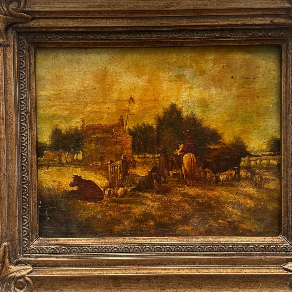 Original Framed Vintage Countryside Landscape Oil Painting, European Farmhouse and Horse Scene - Vintage Oil Painting - Arden Gallery