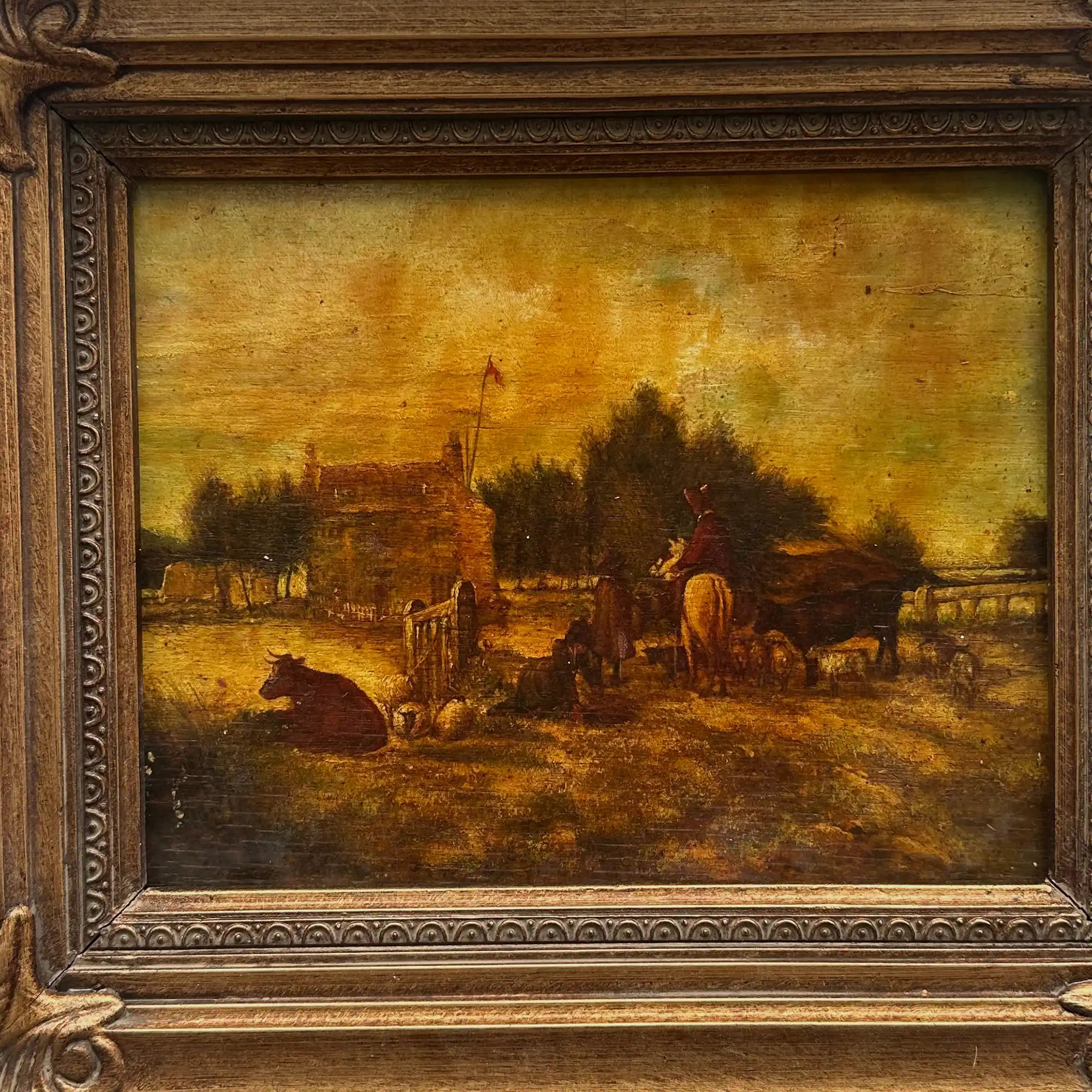 Original Framed Vintage Countryside Landscape Oil Painting, European Farmhouse and Horse Scene - Vintage Oil Painting - Arden Gallery