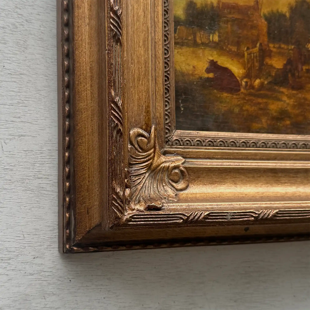 Original Framed Vintage Countryside Landscape Oil Painting, European Farmhouse and Horse Scene - Vintage Oil Painting - Arden Gallery