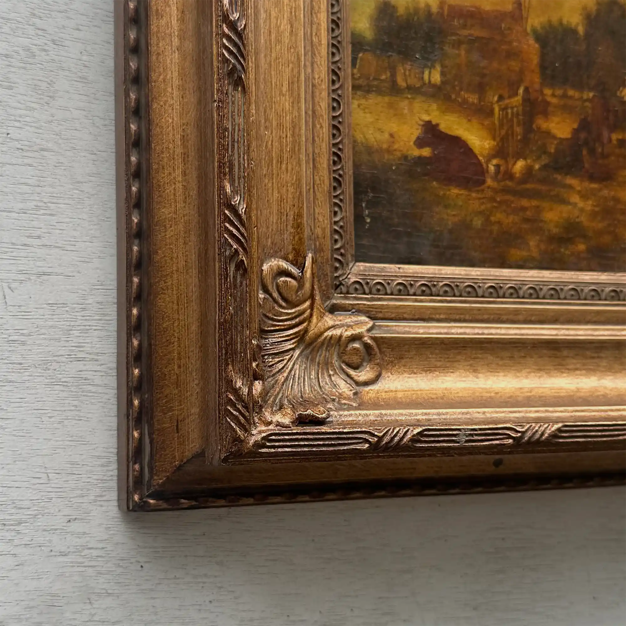 Original Framed Vintage Countryside Landscape Oil Painting, European Farmhouse and Horse Scene - Vintage Oil Painting - Arden Gallery