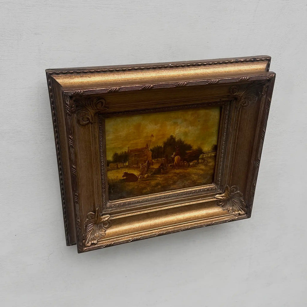 Original Framed Vintage Countryside Landscape Oil Painting, European Farmhouse and Horse Scene - Vintage Oil Painting - Arden Gallery