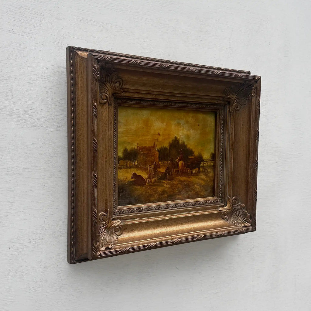 Original Framed Vintage Countryside Landscape Oil Painting, European Farmhouse and Horse Scene - Vintage Oil Painting - Arden Gallery