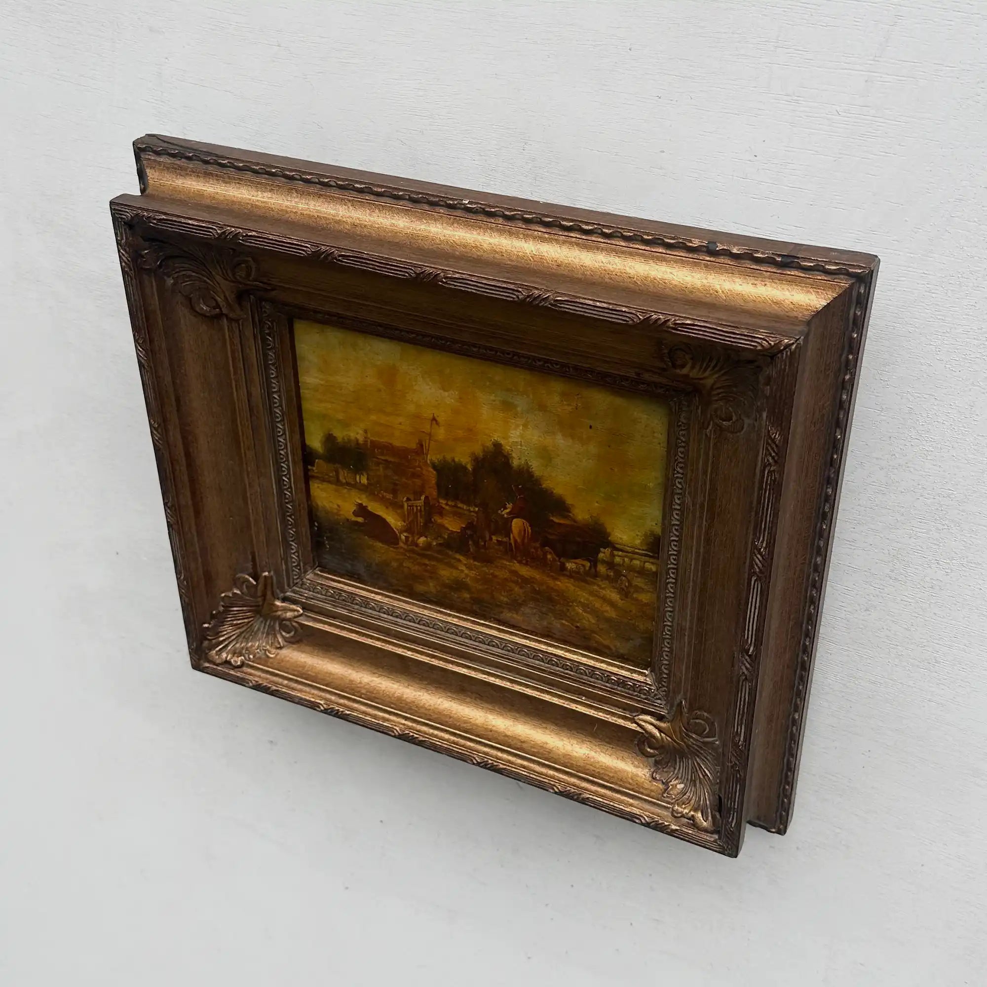 Original Framed Vintage Countryside Landscape Oil Painting, European Farmhouse and Horse Scene - Vintage Oil Painting - Arden Gallery