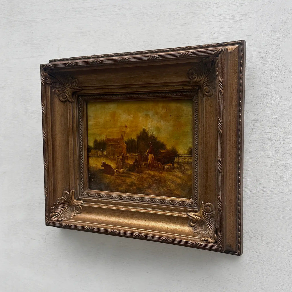 Original Framed Vintage Countryside Landscape Oil Painting, European Farmhouse and Horse Scene - Vintage Oil Painting - Arden Gallery