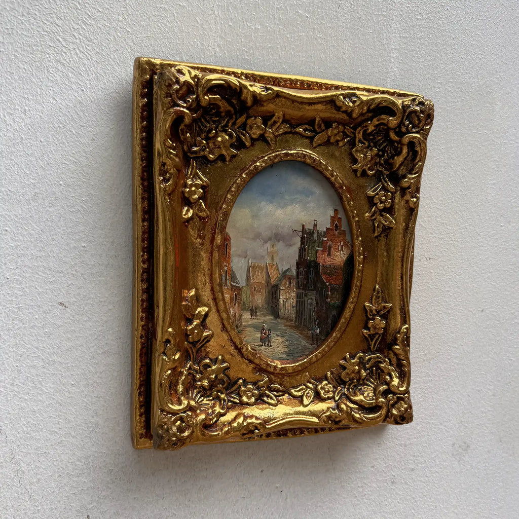 Original Framed Vintage European Street Scene Oil Painting, Miniature Townscape in Ornate Gold Frame - Vintage Oil Painting - Arden Gallery