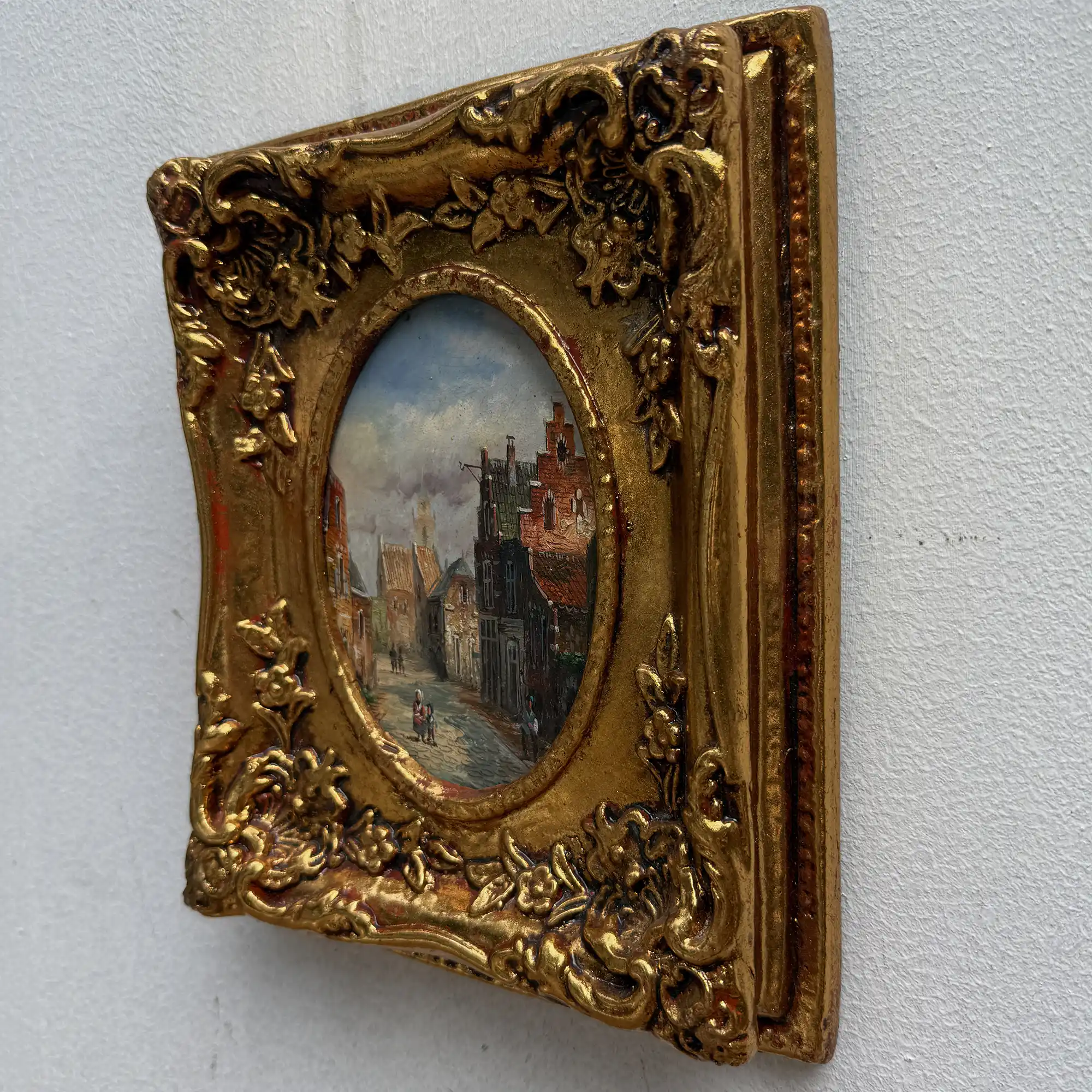 Original Framed Vintage European Street Scene Oil Painting, Miniature Townscape in Ornate Gold Frame - Vintage Oil Painting - Arden Gallery