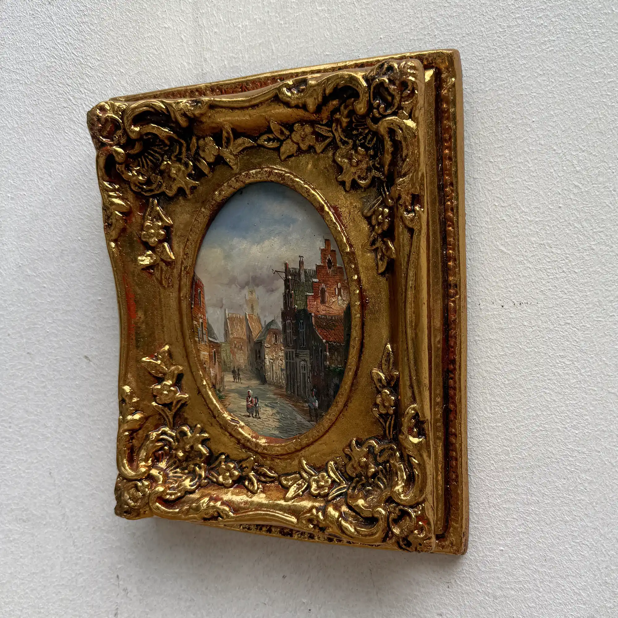 Original Framed Vintage European Street Scene Oil Painting, Miniature Townscape in Ornate Gold Frame - Vintage Oil Painting - Arden Gallery