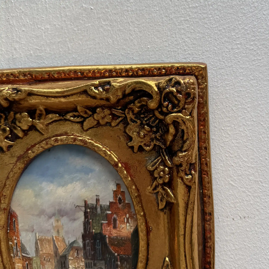 Original Framed Vintage European Street Scene Oil Painting, Miniature Townscape in Ornate Gold Frame - Vintage Oil Painting - Arden Gallery