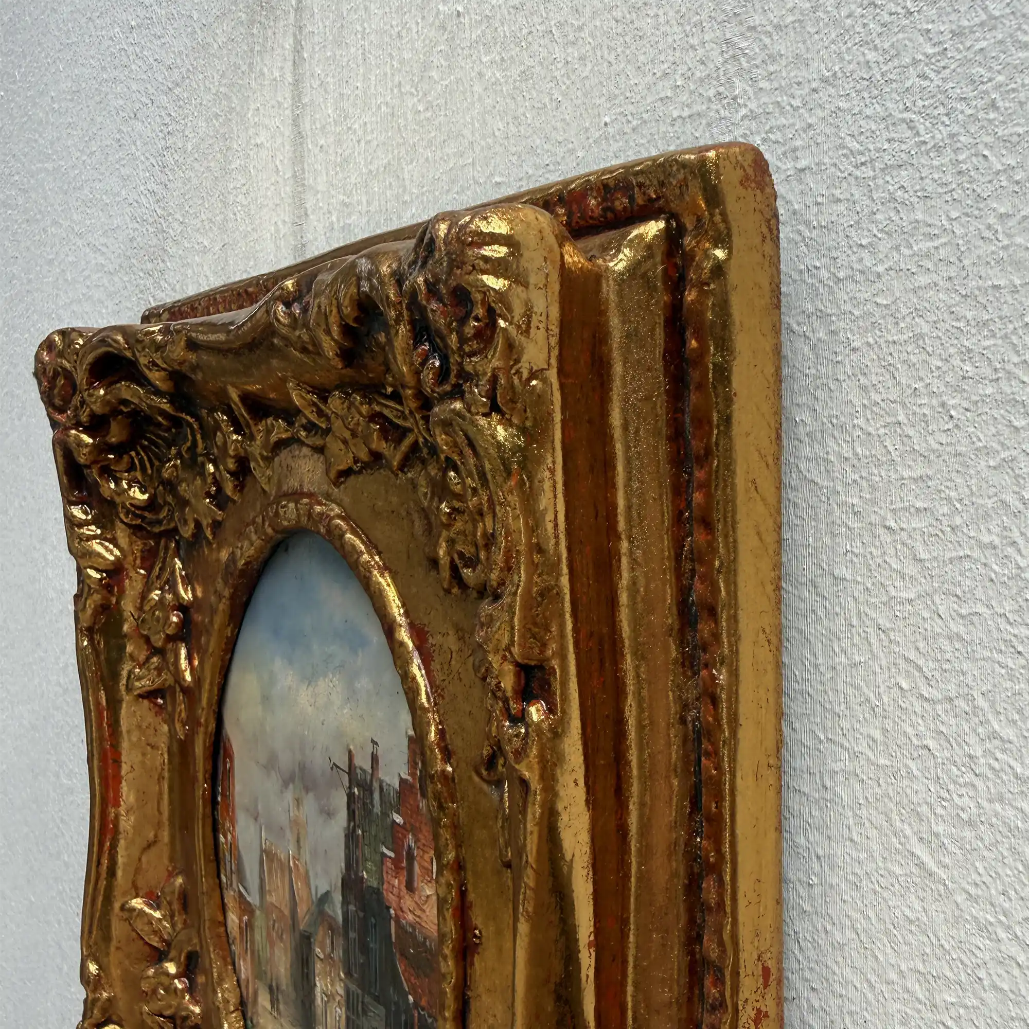 Original Framed Vintage European Street Scene Oil Painting, Miniature Townscape in Ornate Gold Frame - Vintage Oil Painting - Arden Gallery