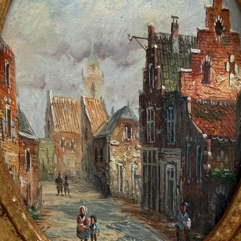 Original Framed Vintage European Street Scene Oil Painting, Miniature Townscape in Ornate Gold Frame - Vintage Oil Painting - Arden Gallery