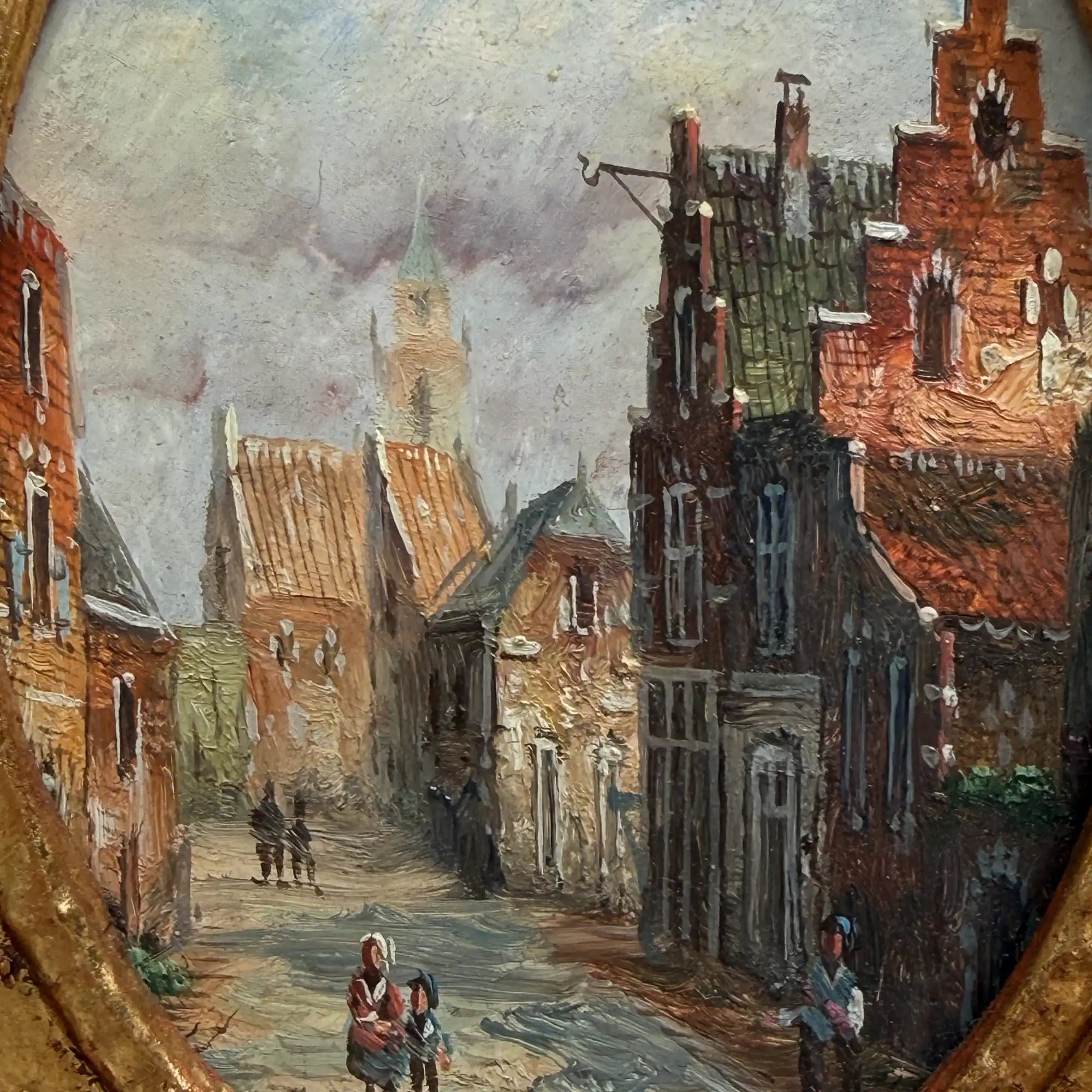 Original Framed Vintage European Street Scene Oil Painting, Miniature Townscape in Ornate Gold Frame - Vintage Oil Painting - Arden Gallery