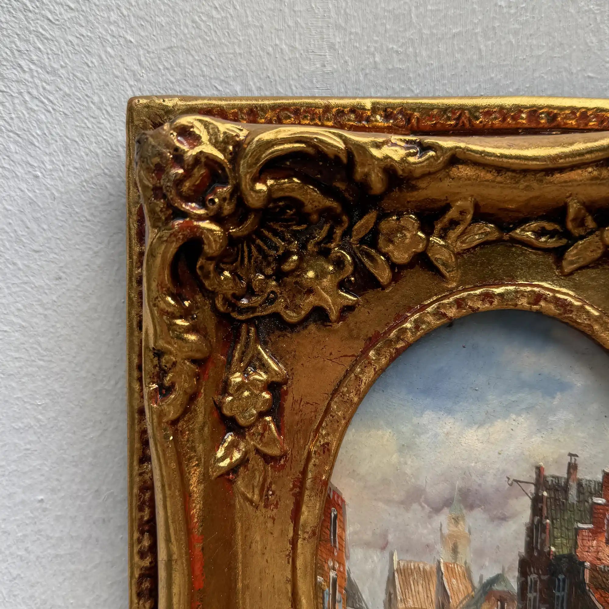 Original Framed Vintage European Street Scene Oil Painting, Miniature Townscape in Ornate Gold Frame - Vintage Oil Painting - Arden Gallery