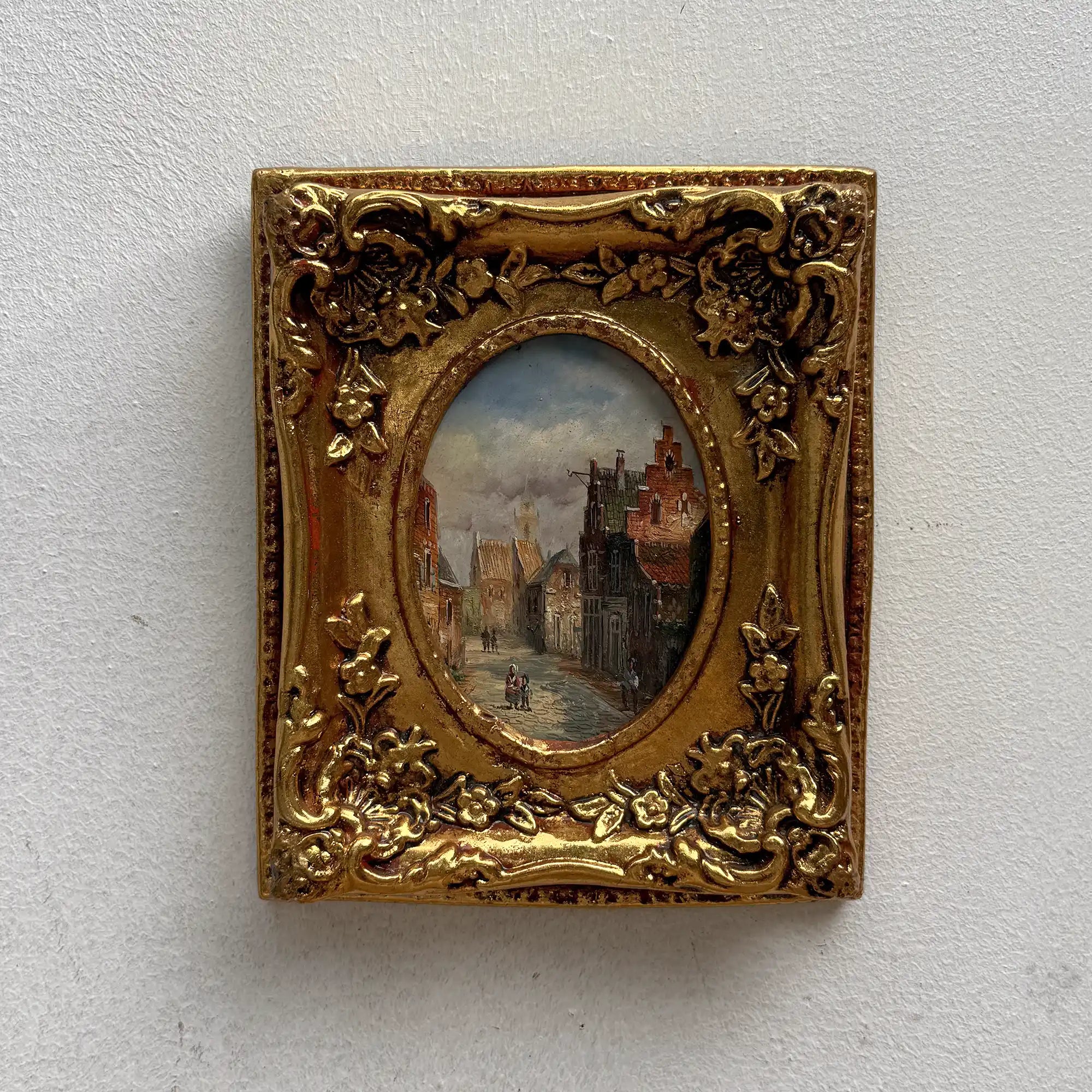 Original Framed Vintage European Street Scene Oil Painting, Miniature Townscape in Ornate Gold Frame - Vintage Oil Painting - Arden Gallery