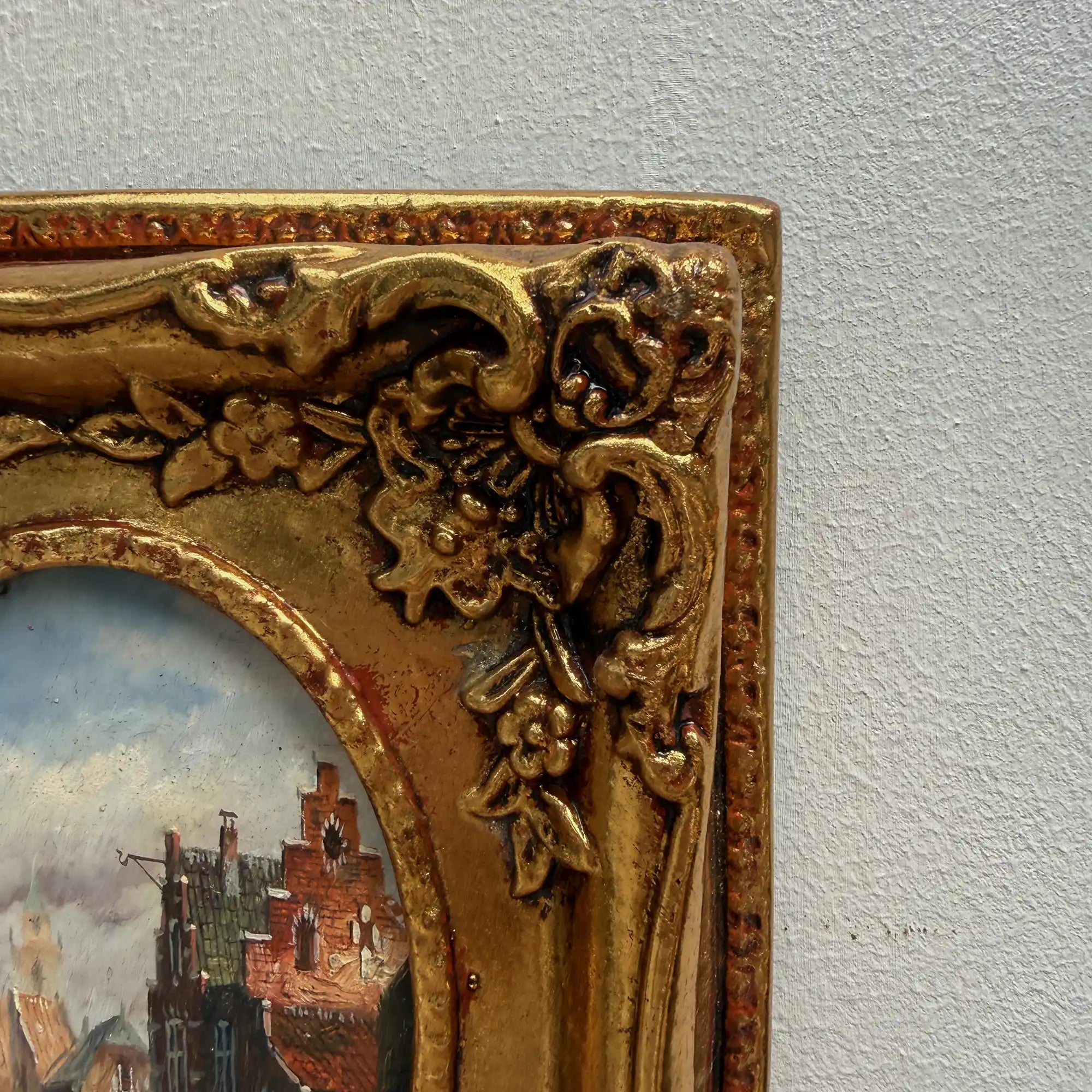 Original Framed Vintage European Street Scene Oil Painting, Miniature Townscape in Ornate Gold Frame - Vintage Oil Painting - Arden Gallery