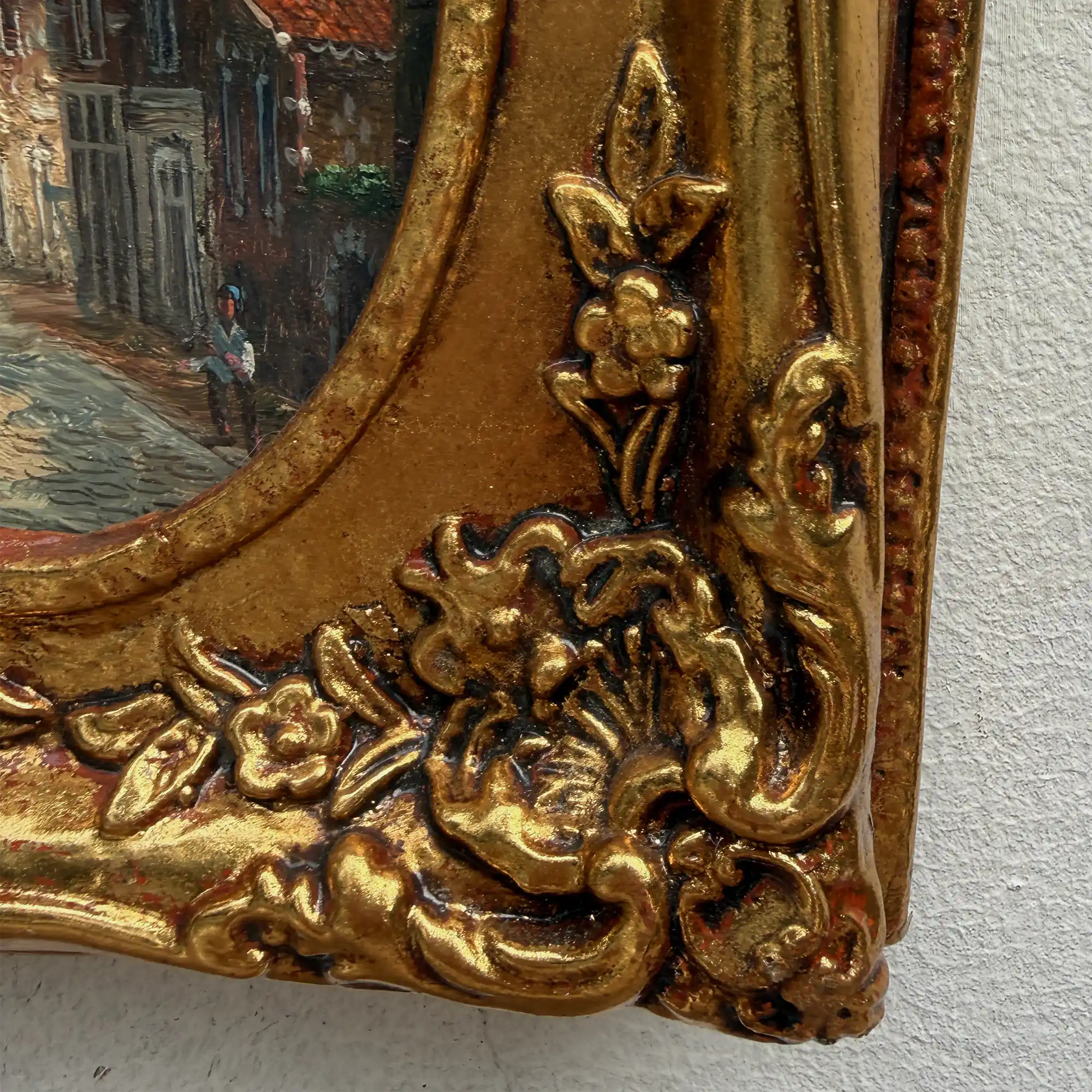 Original Framed Vintage European Street Scene Oil Painting, Miniature Townscape in Ornate Gold Frame - Vintage Oil Painting - Arden Gallery