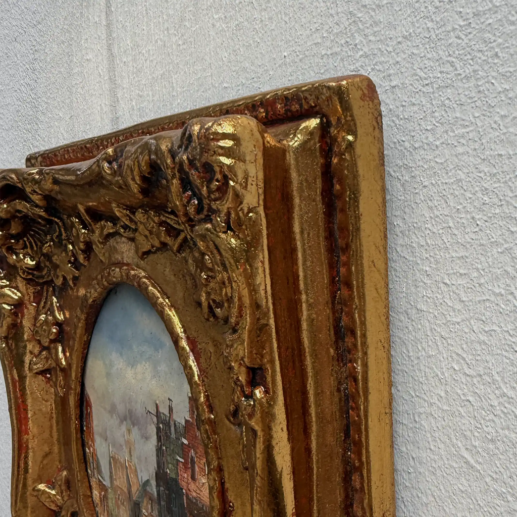 Original Framed Vintage European Street Scene Oil Painting, Miniature Townscape in Ornate Gold Frame - Vintage Oil Painting - Arden Gallery