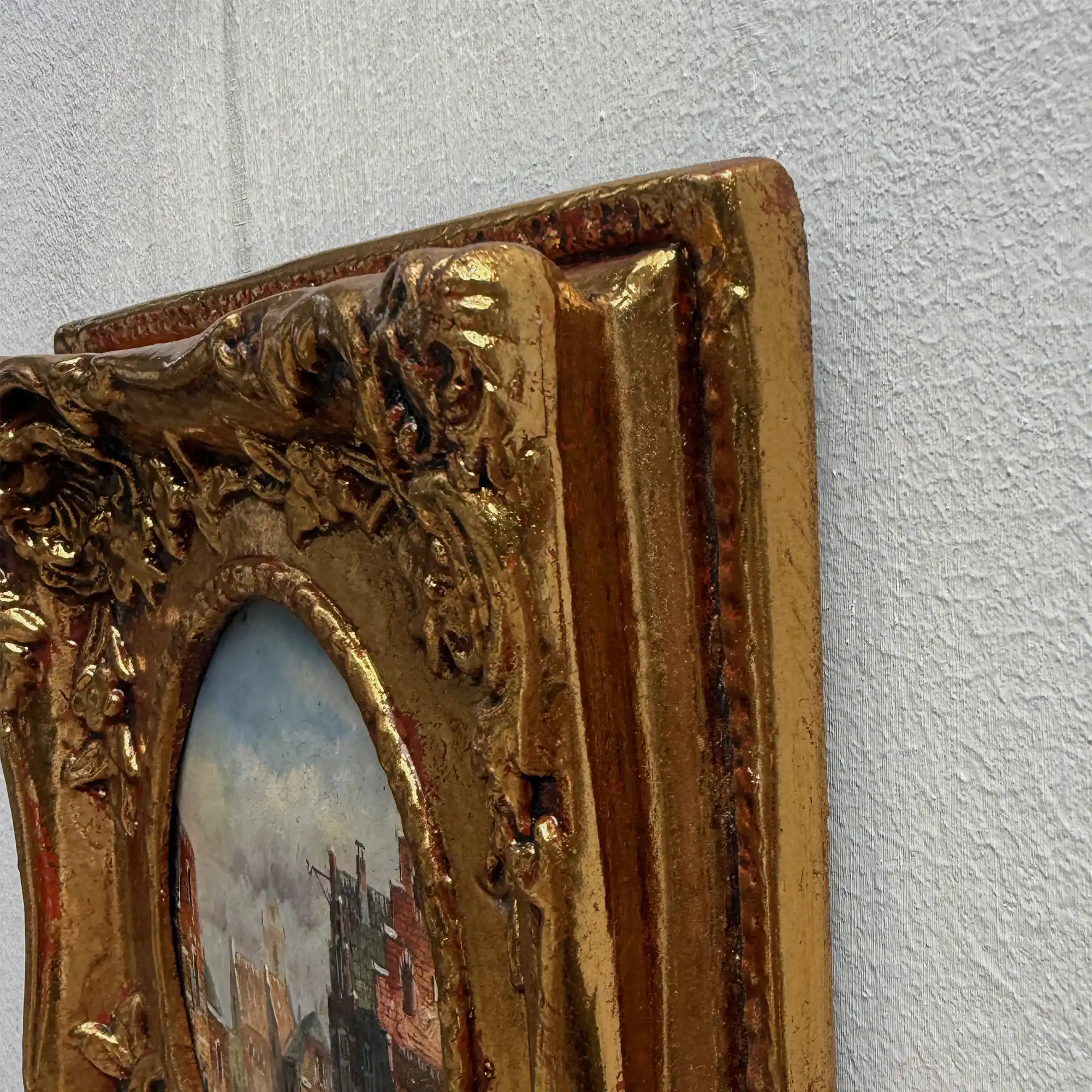 Original Framed Vintage European Street Scene Oil Painting, Miniature Townscape in Ornate Gold Frame - Vintage Oil Painting - Arden Gallery