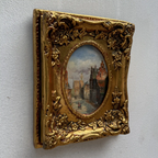 Original Framed Vintage European Street Scene Oil Painting, Miniature Townscape in Ornate Gold Frame - Vintage Oil Painting - Arden Gallery