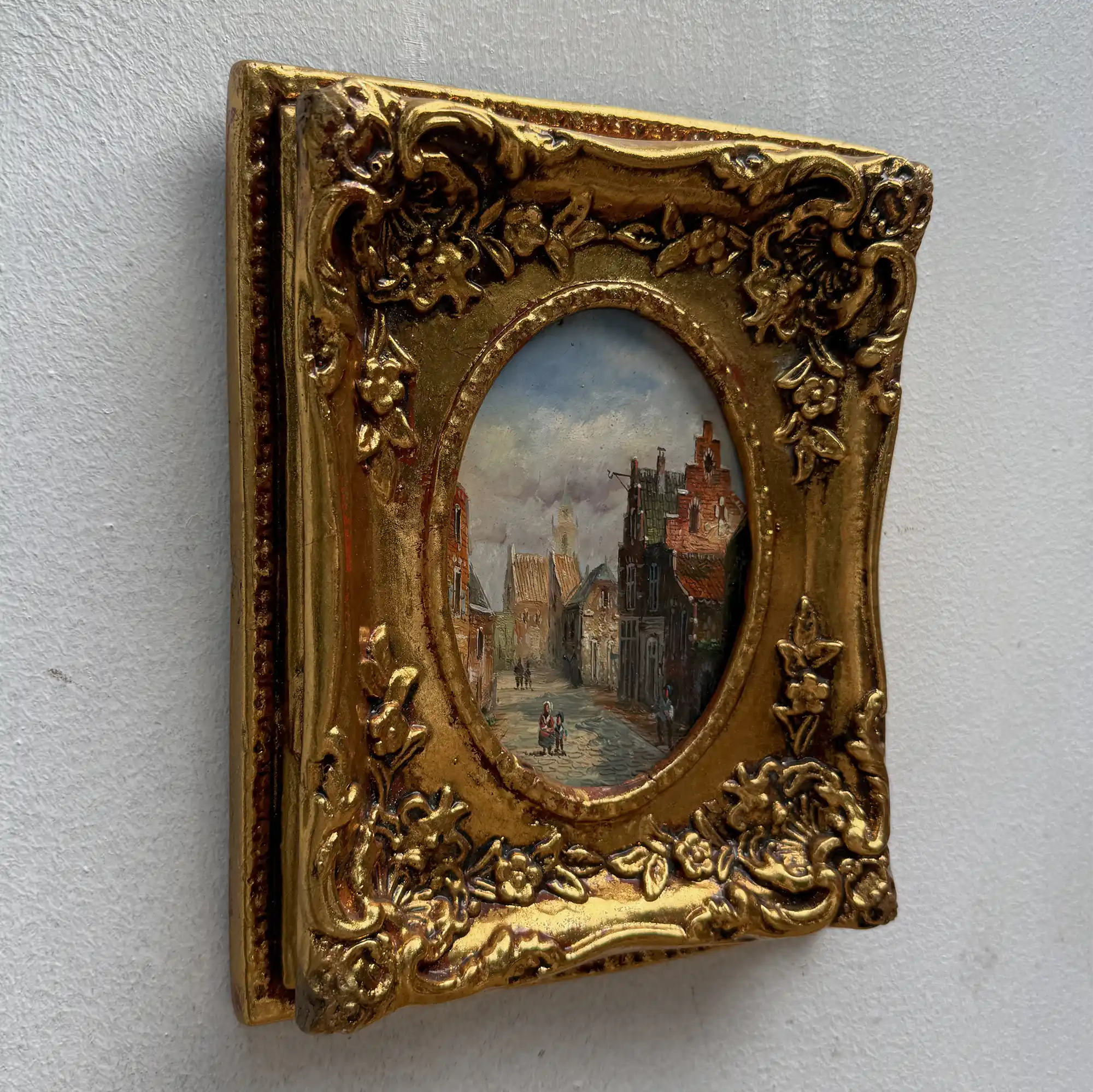 Original Framed Vintage European Street Scene Oil Painting, Miniature Townscape in Ornate Gold Frame - Vintage Oil Painting - Arden Gallery