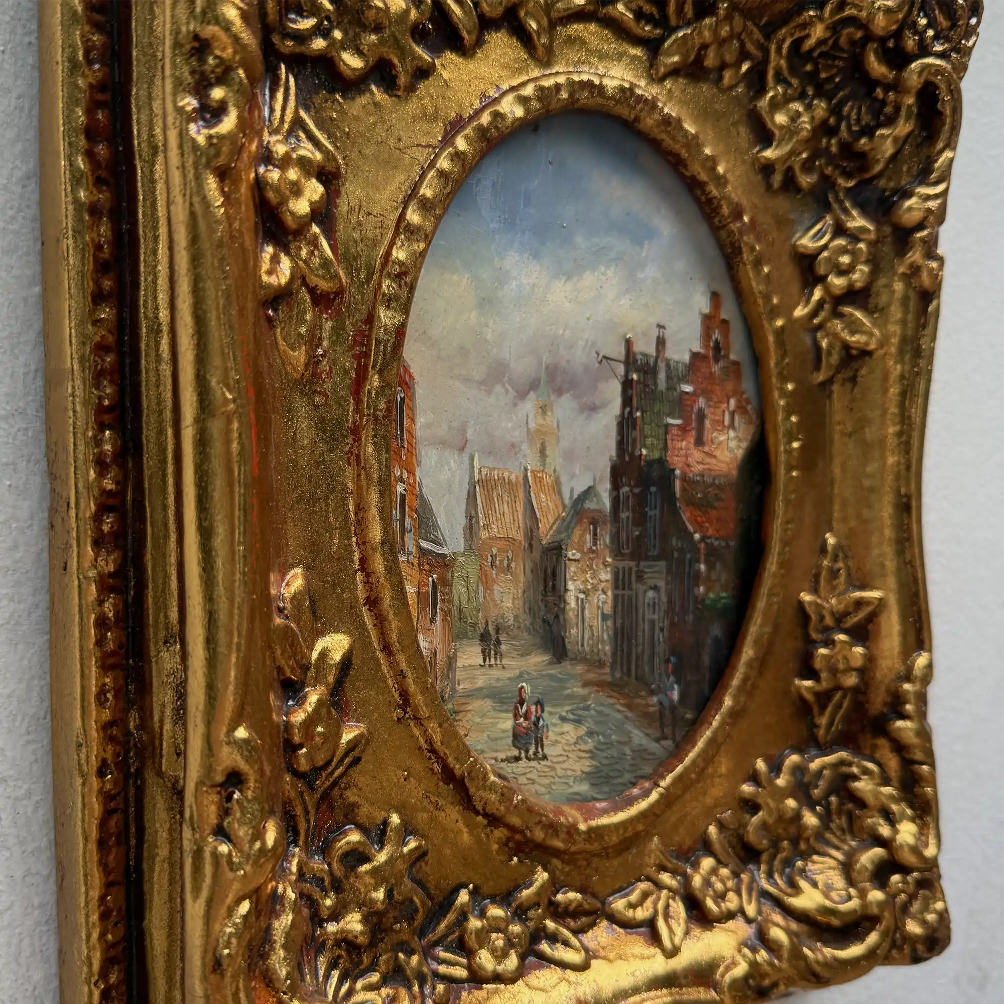 Original Framed Vintage European Street Scene Oil Painting, Miniature Townscape in Ornate Gold Frame - Vintage Oil Painting - Arden Gallery