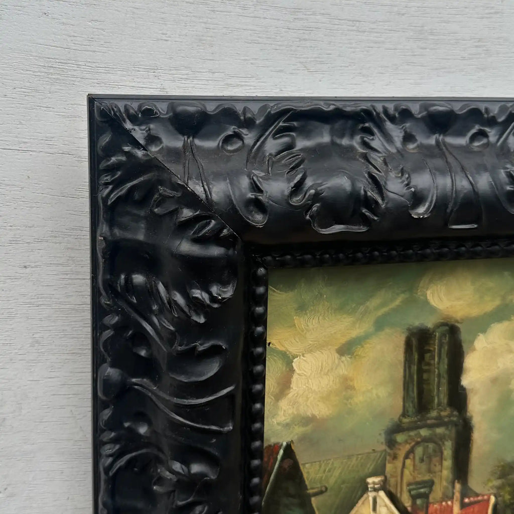 Original Framed Vintage European Village Oil Painting, Church Tower and Street Scene ( with Frame  33 x 37 cm ) - Vintage Oil Painting - Arden Gallery