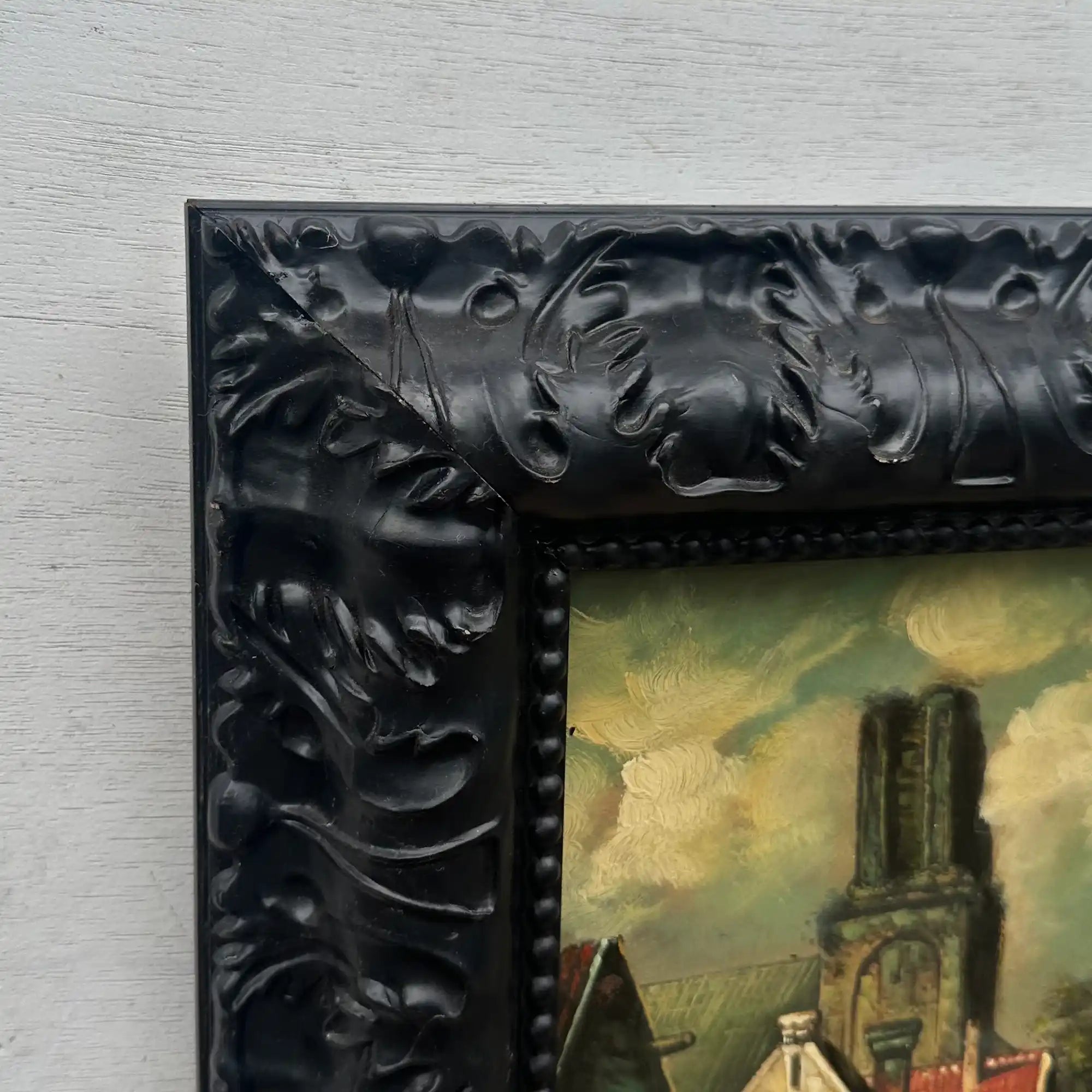 Original Framed Vintage European Village Oil Painting, Church Tower and Street Scene ( with Frame  33 x 37 cm ) - Vintage Oil Painting - Arden Gallery