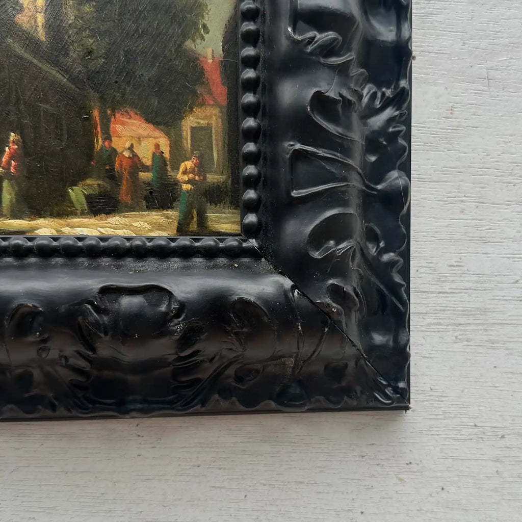 Original Framed Vintage European Village Oil Painting, Church Tower and Street Scene ( with Frame  33 x 37 cm ) - Vintage Oil Painting - Arden Gallery