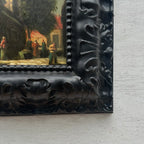Original Framed Vintage European Village Oil Painting, Church Tower and Street Scene ( with Frame  33 x 37 cm ) - Vintage Oil Painting - Arden Gallery