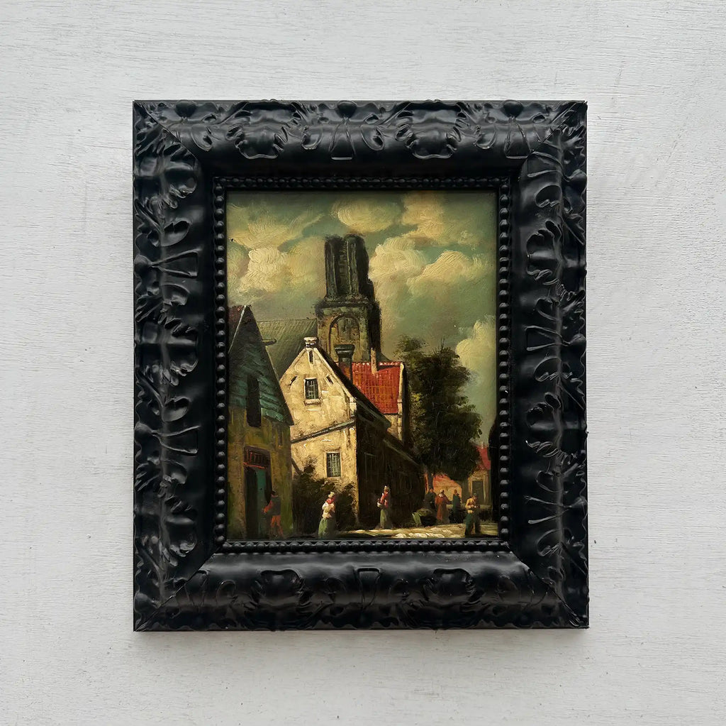 Original Framed Vintage European Village Oil Painting, Church Tower and Street Scene ( with Frame  33 x 37 cm ) - Vintage Oil Painting - Arden Gallery
