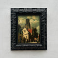 Original Framed Vintage European Village Oil Painting, Church Tower and Street Scene ( with Frame  33 x 37 cm ) - Vintage Oil Painting - Arden Gallery