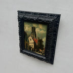 Original Framed Vintage European Village Oil Painting, Church Tower and Street Scene ( with Frame  33 x 37 cm ) - Vintage Oil Painting - Arden Gallery