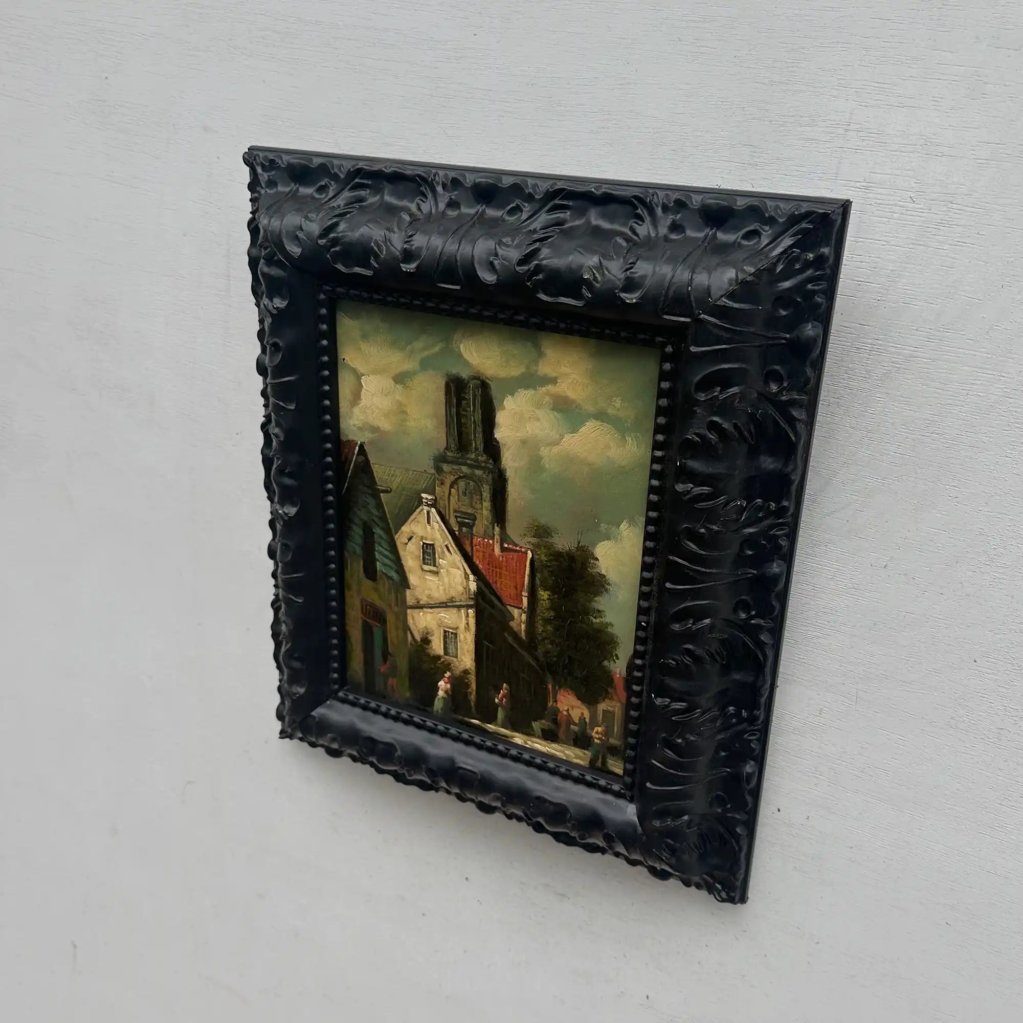 Original Framed Vintage European Village Oil Painting, Church Tower and Street Scene ( with Frame  33 x 37 cm ) - Vintage Oil Painting - Arden Gallery