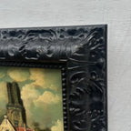 Original Framed Vintage European Village Oil Painting, Church Tower and Street Scene ( with Frame  33 x 37 cm ) - Vintage Oil Painting - Arden Gallery
