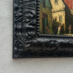 Original Framed Vintage European Village Oil Painting, Church Tower and Street Scene ( with Frame  33 x 37 cm ) - Vintage Oil Painting - Arden Gallery