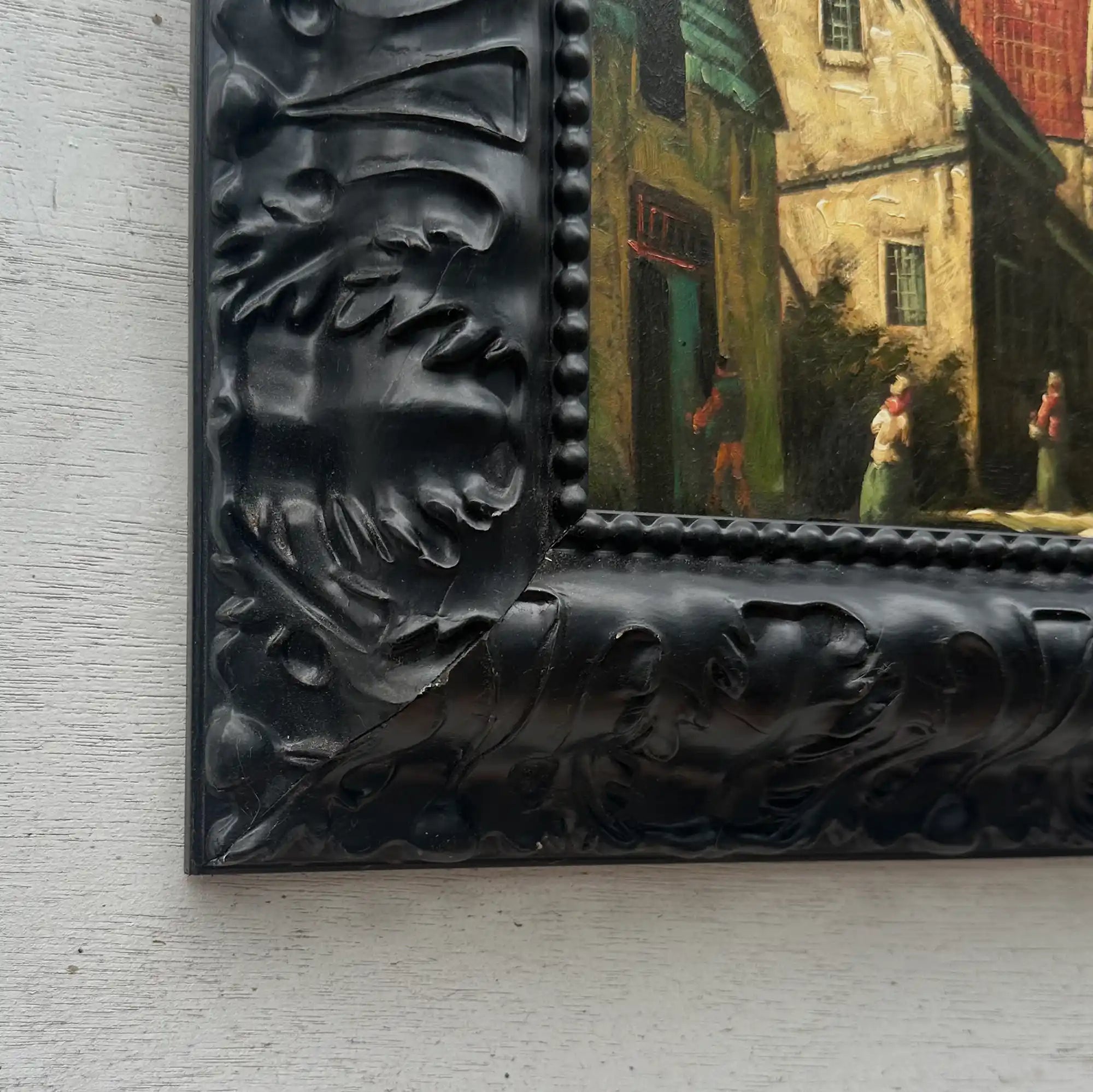 Original Framed Vintage European Village Oil Painting, Church Tower and Street Scene ( with Frame  33 x 37 cm ) - Vintage Oil Painting - Arden Gallery