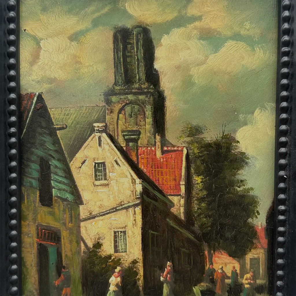Original Framed Vintage European Village Oil Painting, Church Tower and Street Scene ( with Frame  33 x 37 cm ) - Vintage Oil Painting - Arden Gallery