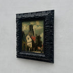 Original Framed Vintage European Village Oil Painting, Church Tower and Street Scene ( with Frame  33 x 37 cm ) - Vintage Oil Painting - Arden Gallery