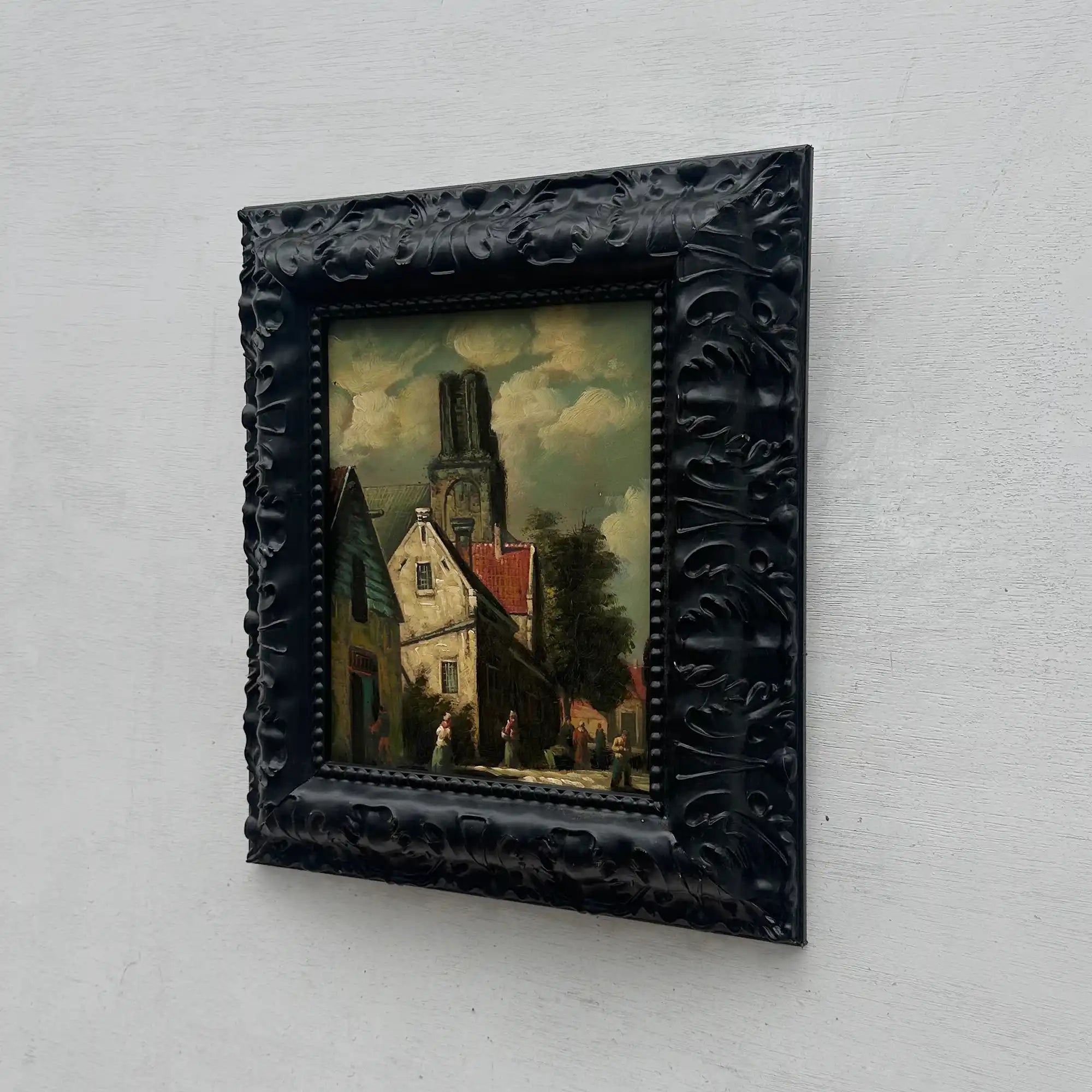 Original Framed Vintage European Village Oil Painting, Church Tower and Street Scene ( with Frame  33 x 37 cm ) - Vintage Oil Painting - Arden Gallery