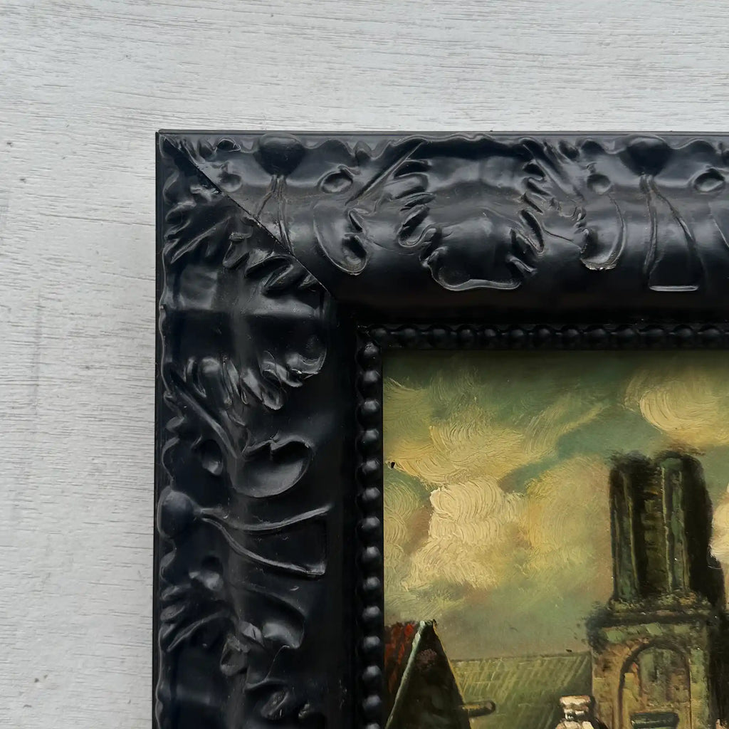 Original Framed Vintage European Village Oil Painting, Church Tower and Street Scene ( with Frame  33 x 37 cm ) - Vintage Oil Painting - Arden Gallery