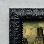 Original Framed Vintage European Village Oil Painting, Church Tower and Street Scene ( with Frame  33 x 37 cm ) - Vintage Oil Painting - Arden Gallery